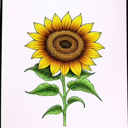 a drawing of a sunflower with green leaves,a drawing of a large yellow sunflower on a white background
