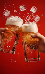 two people holding up beer glasses to the sky