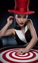 a woman wearing a red hat sits at a table