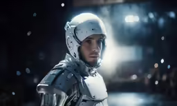 a man in an all white suit and helmet