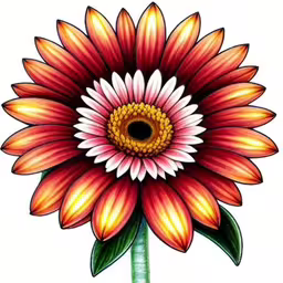 a sunflower with orange and red petals,an illustration of a large red flower with yellow centers,a drawing of a flower with many petals,an image of a large flower on white,a drawing of a large, colorful flower with lots of leaves