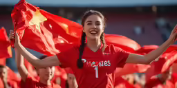 girl holding up flags and smiling in the camera