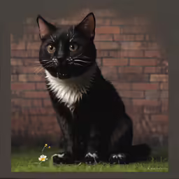 black cat looking at the camera with brick wall in background