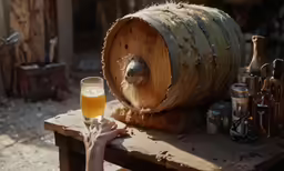 a person holding a wine glass next to a barrel of beer