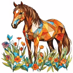 the horse with orange flowers is depicted in a stained glass