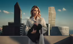 a woman with long coat standing near a city skyline
