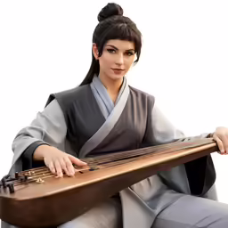 a woman is holding a japanese instrument