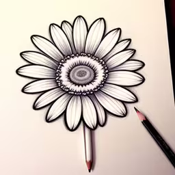 a drawing of a flower that is made from pencils,the drawing shows a single flower with two pencils and a pen