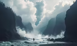 a person is walking on a sandy beach as the ocean crashes into cliffs