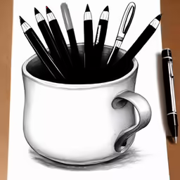 pen and ink drawing of a white mug filled with pencils