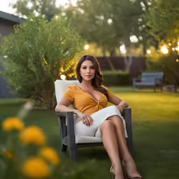 a women sitting in a chair on a lawn