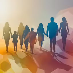 group of silhouettes walking in a rainbow - colored scene