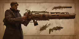 man standing in front of an old machine gun