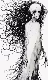 the girl with long hair, a pattern on her body
