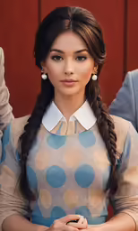 an asian woman with her long hair in pigtails and a shirt