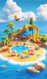 an island with a pool, beach umbrella and slides