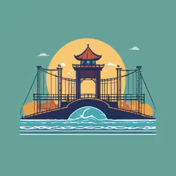 the sun shining on a bridge that crosses a body of water,a bridge with a pagoda and waves at sunset