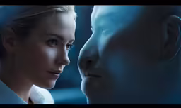 a woman in a blue dress standing next to a man