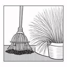 a broom on the ground next to a plant