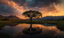 a tree is reflected in a river under a sunset sky
