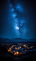 the stars and milky seen over town in the distance