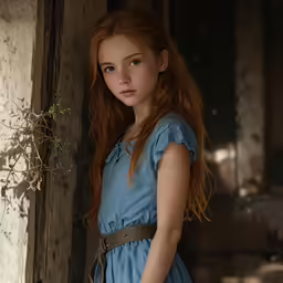 a young girl is standing near a doorway