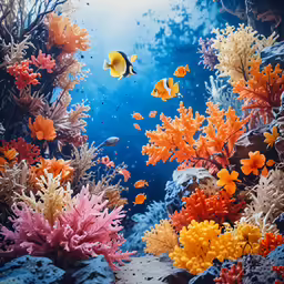 an ocean scene with fish, corals and other underwater creatures