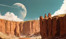 a photo of some mountains with a moon in the background