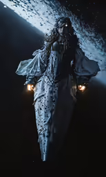 a person floating in the dark under a sky