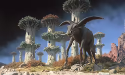 a digital artwork of an elephant on rocks near trees