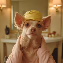 a little dog has his head up as it stands on a persons shoulders