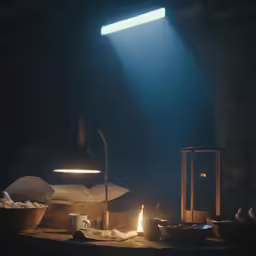 a still life scene with a book and some type of light