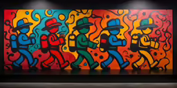 a large painting on a wall in the corner of a room