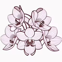 an abstract drawing of a bunch of flowers,an orchid blossomed in purple and black ink