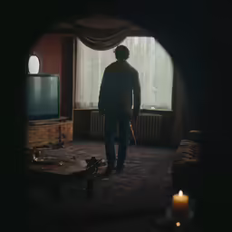 a man standing in the dark staring out of a living room window