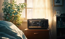 the microwave sits on top of the bed in the dark room