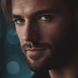 man with beard looking ahead in front of blue boke