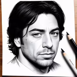 the face of a man with his eyes closed and a pencil on paper