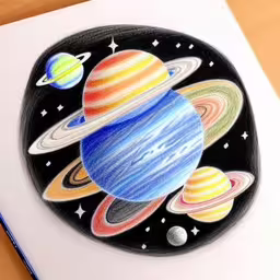 a drawing of some planets in front of a pencil