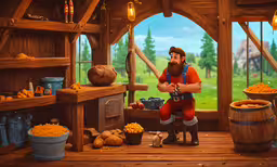 a animated man sits at an outdoor display of goods,a room with a statue and various types of foods