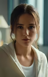 a beautiful young woman in white jacket by a window