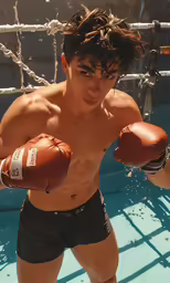 a young man with boxing gloves and shorts poses with a ball