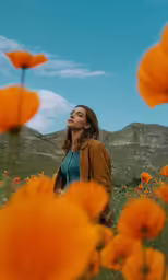woman standing in a field of flowers looking up