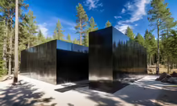 three black sculptures in the middle of a forest