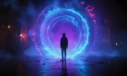silhouette of person standing in front of circular light with purple and blue lighting