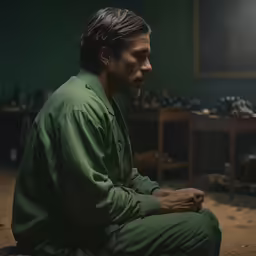 a man is sitting in a green room
