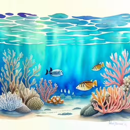 a painting depicting an underwater scene with a fish and corals,a painting of some colorful algae and fish,a drawing of some corals and fishes under the water,an aquarium scene with blue water and a lot of reef animals,a painting depicting the underwater with fishes