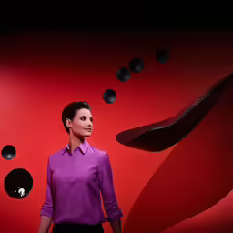 an art gallery features a woman posing with her hand on her hips, against a background with circular shapes
