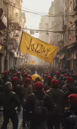 a group of people walking down a city street