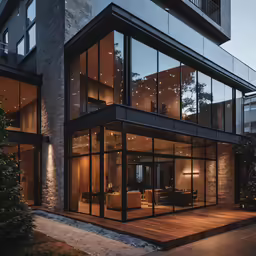 an elegantly designed home with a dark wood and glass facade